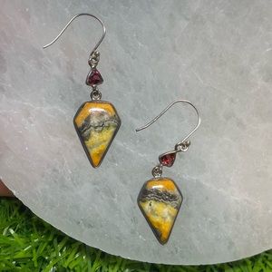 Rare Indonesian Bumblebee Jasper & Garnet earrings set in 925 Sterling Silver